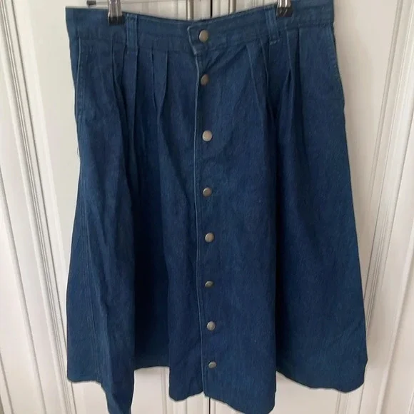 Vintage Chatts Island midi pleated blue denim jean flare skirt size 10 - Picture 12 of 13